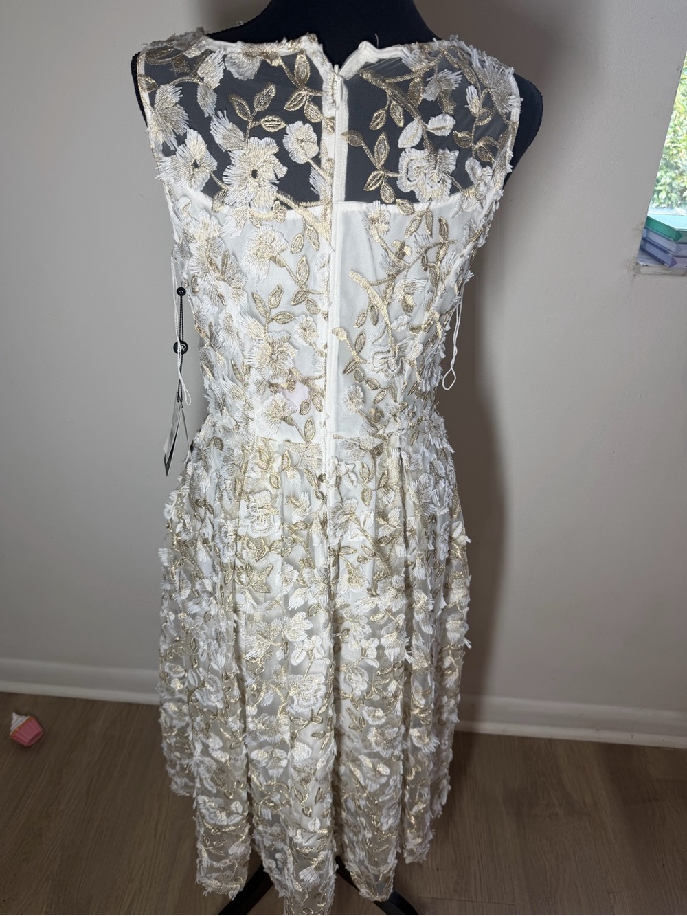 Adrianna Papell Ivory Midi Dress with Gold Floral Embroidery - Picture 10 of 10